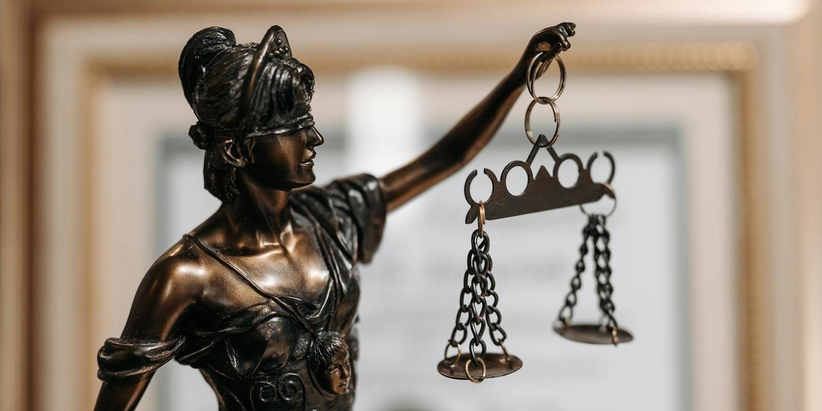 Close-up of a bronze Lady Justice statue holding scales in an office environment.